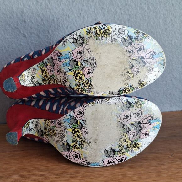 Irregular Choice Women 40 US 9 Canvas Bird Mary Jane Bow Retro Pinup Heels Pumps - Picture 10 of 16